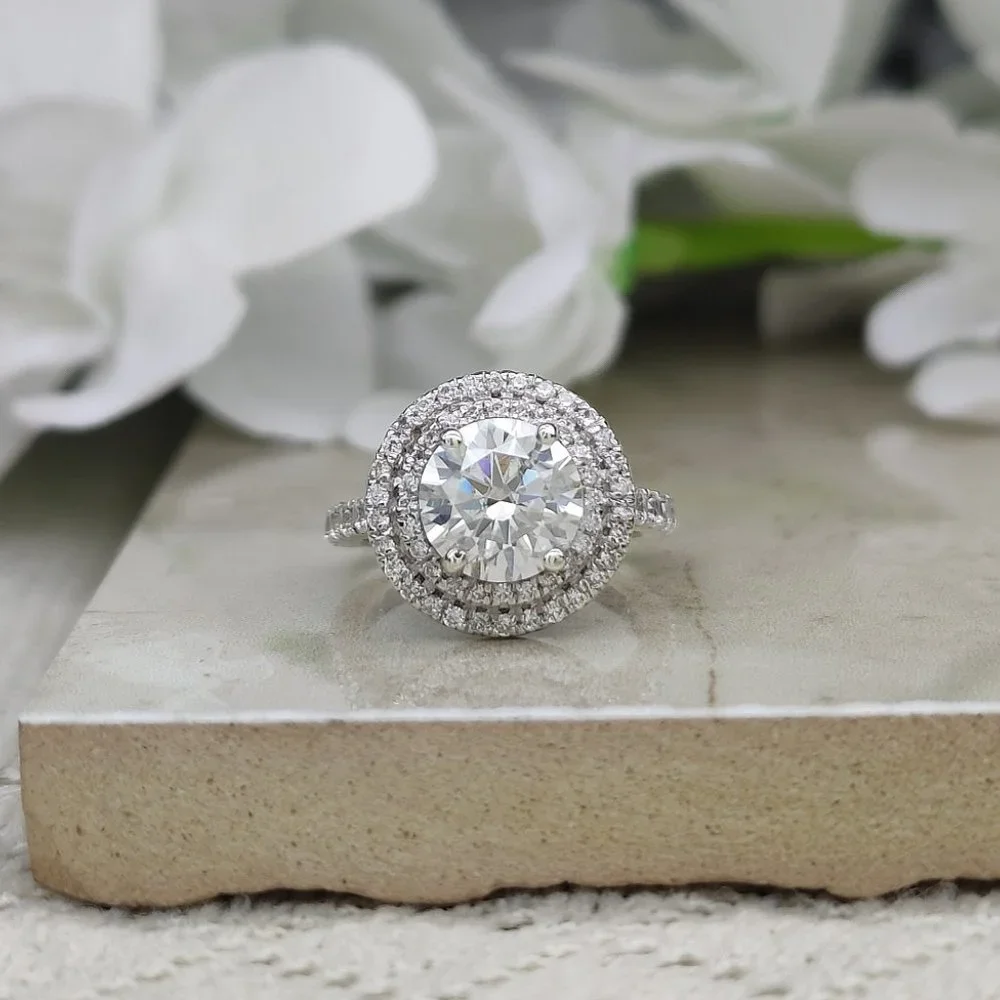 2Ct Moissanite Double Halo Ring 925 Sterling Silver - Picture 5 of 5